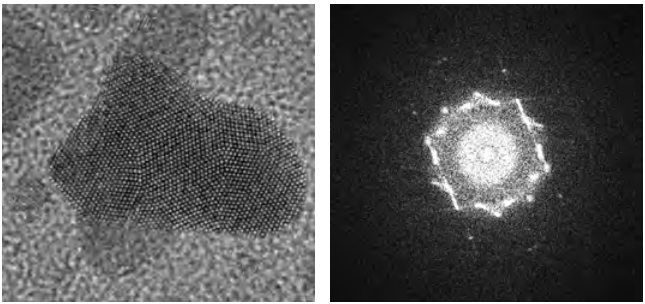 High resolution TEM image of a gold island acquired in the rolling shutter mode (TemCam-F416, JEM-2010, LaB6). Even in the fast readout mode (5 fps) with short exposure time (200 ms) the signal-to-noise ratio is satisfactory for high resolution imaging (corresponding power spectrum on the right).