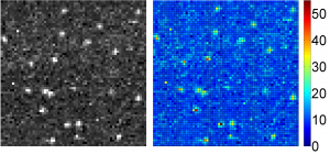 Single electron events (left) generated by 60 kV accelerated primary electrons recorded on the TemCam-F416 and its pseudo color representation (right).